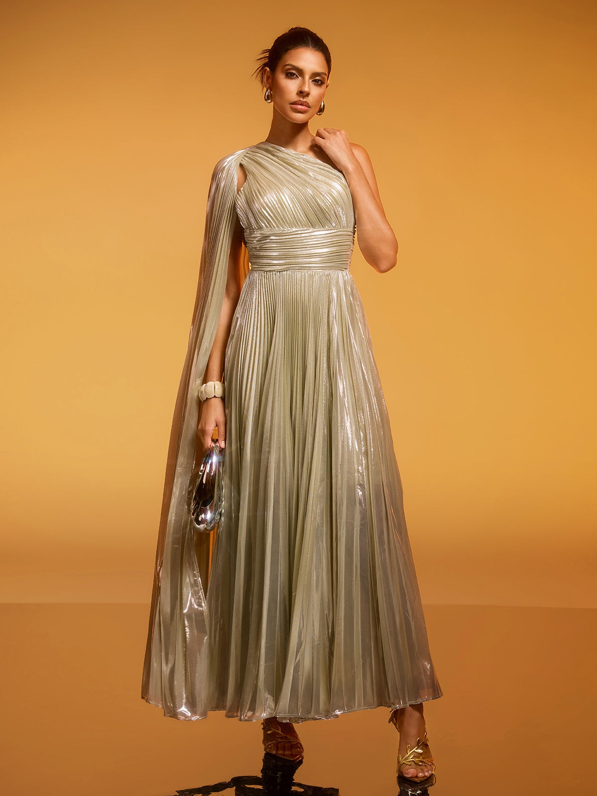 Kaleen One Shoulder Pleated Metallic Dress In Silver