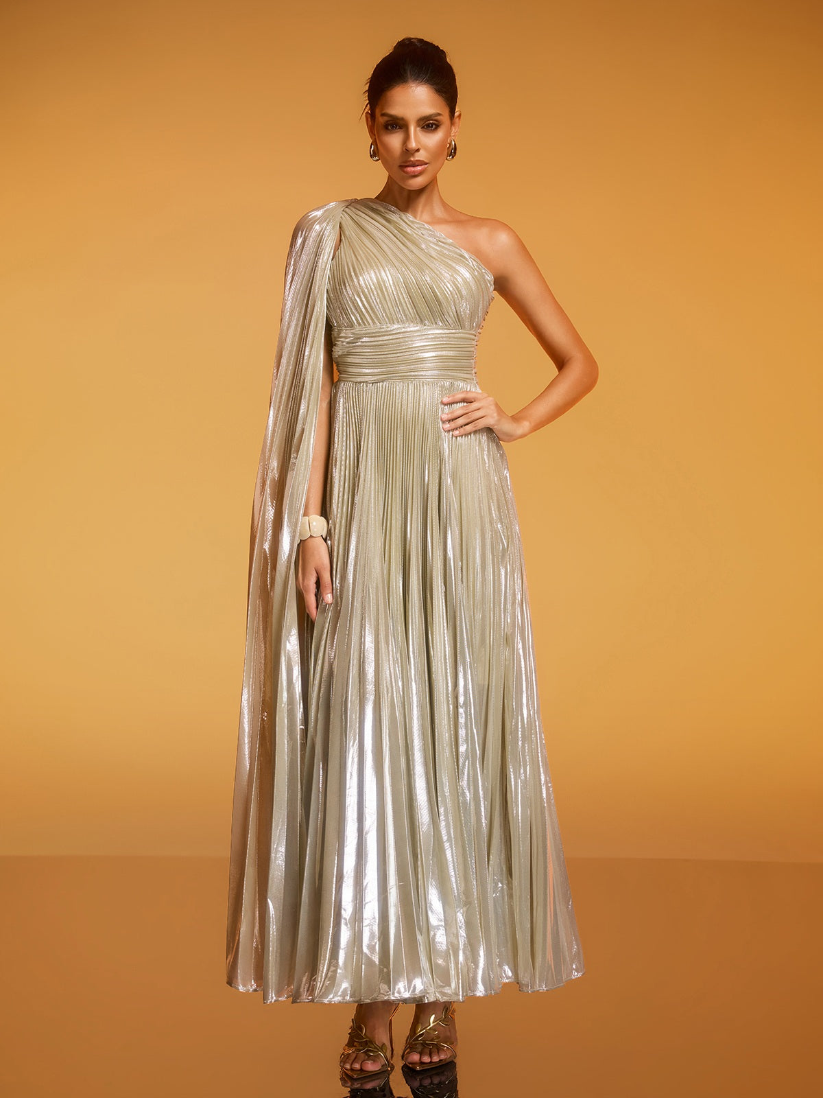 Kaleen One Shoulder Pleated Metallic Dress In Silver