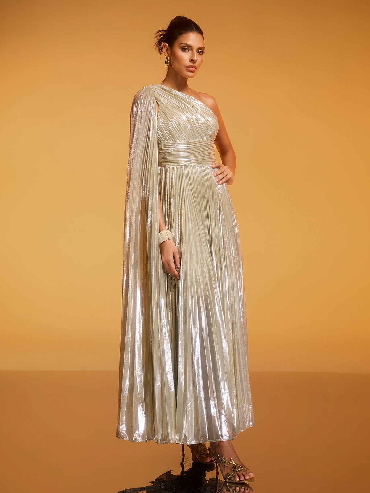 Kaleen One Shoulder Pleated Metallic Dress In Silver