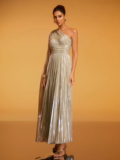 Kaleen One Shoulder Pleated Metallic Dress In Silver
