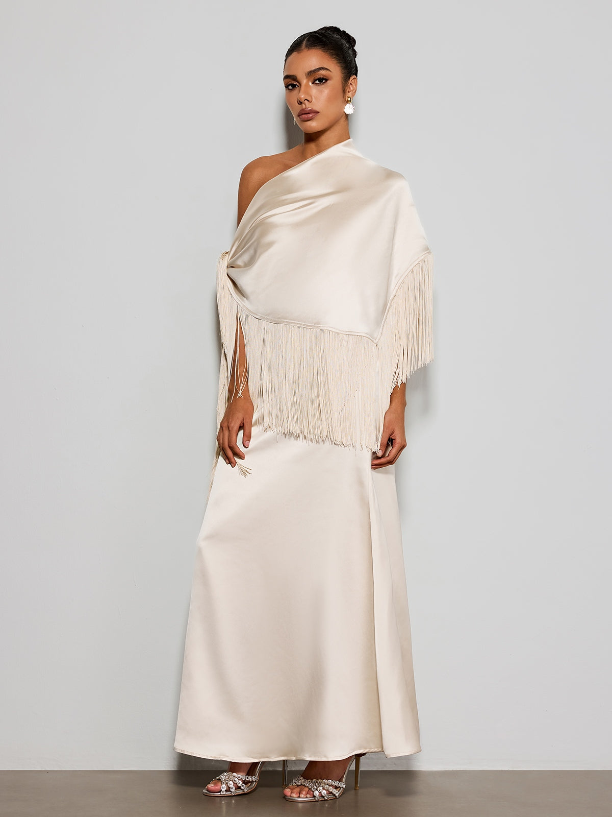 Karneth One Shoulder Fringe Satin Maxi Dress