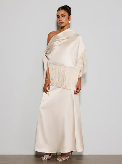 Karneth One Shoulder Fringe Satin Maxi Dress