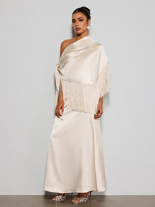 Karneth One Shoulder Fringe Satin Maxi Dress