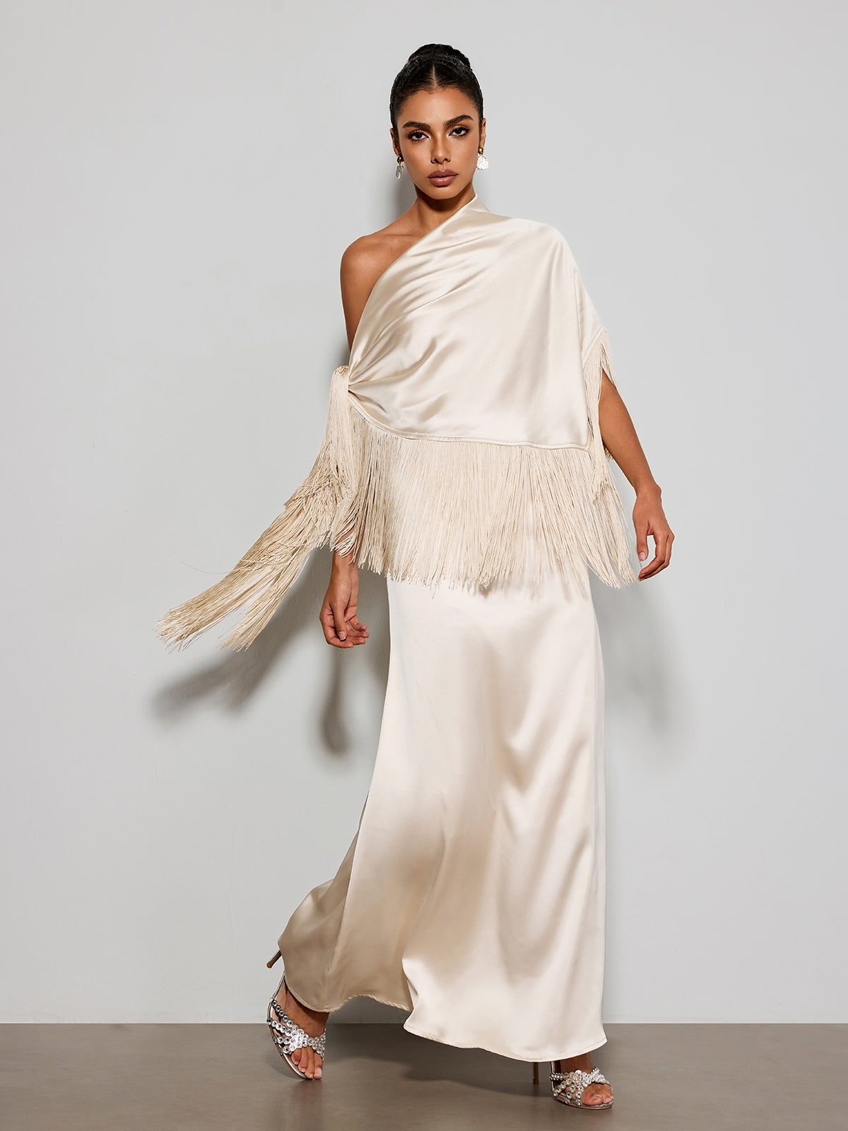 Karneth One Shoulder Fringe Satin Maxi Dress