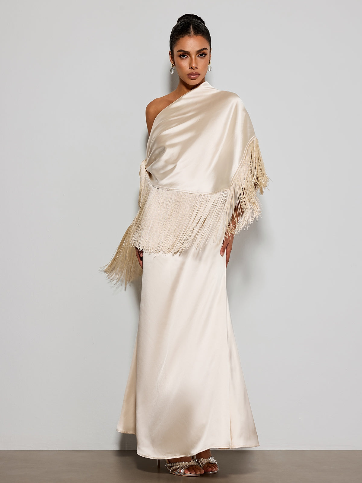 Karneth One Shoulder Fringe Satin Maxi Dress