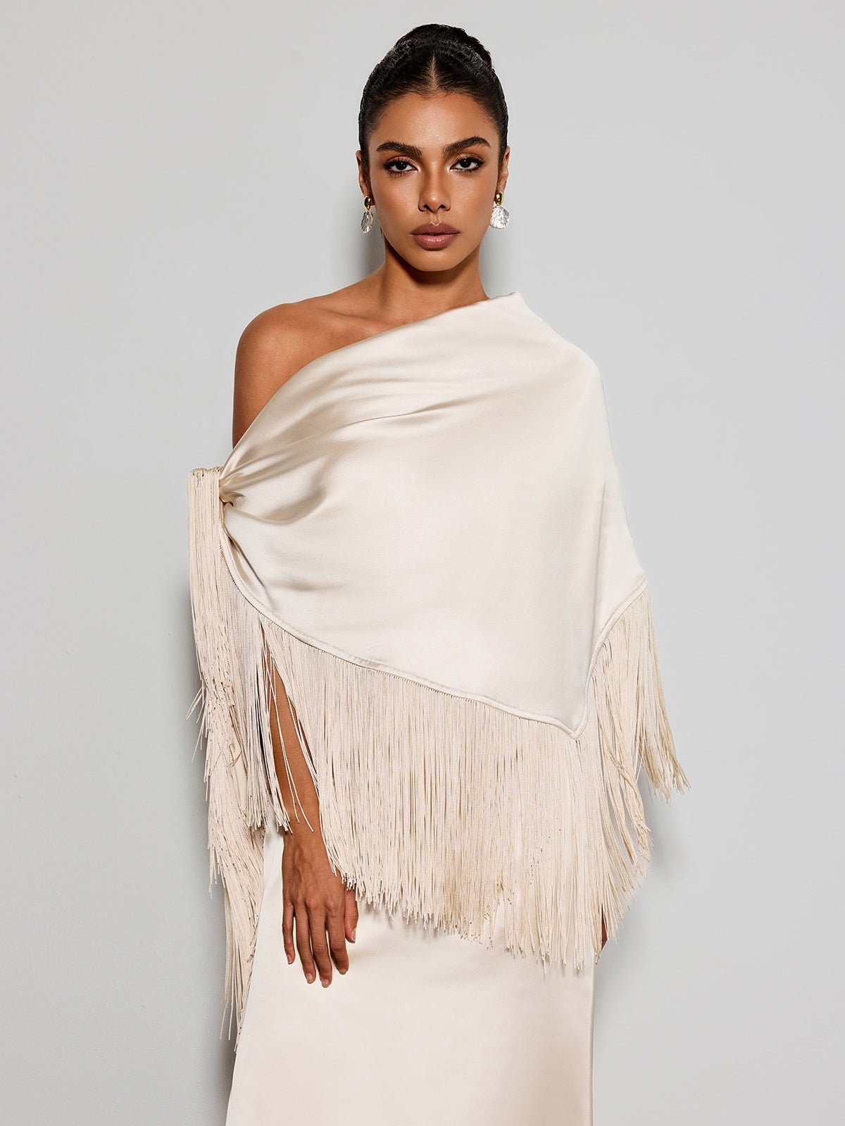 Karneth One Shoulder Fringe Satin Maxi Dress
