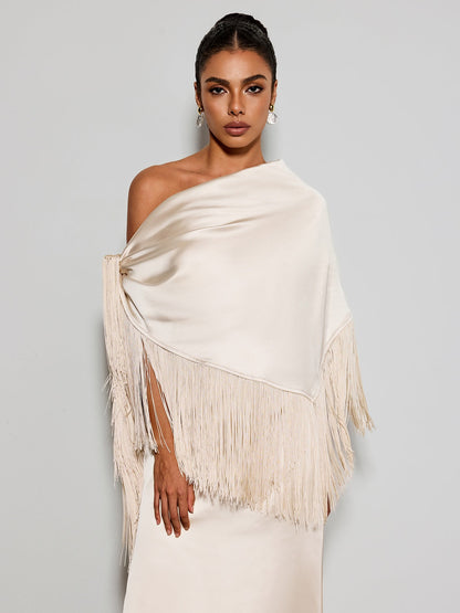 Karneth One Shoulder Fringe Satin Maxi Dress