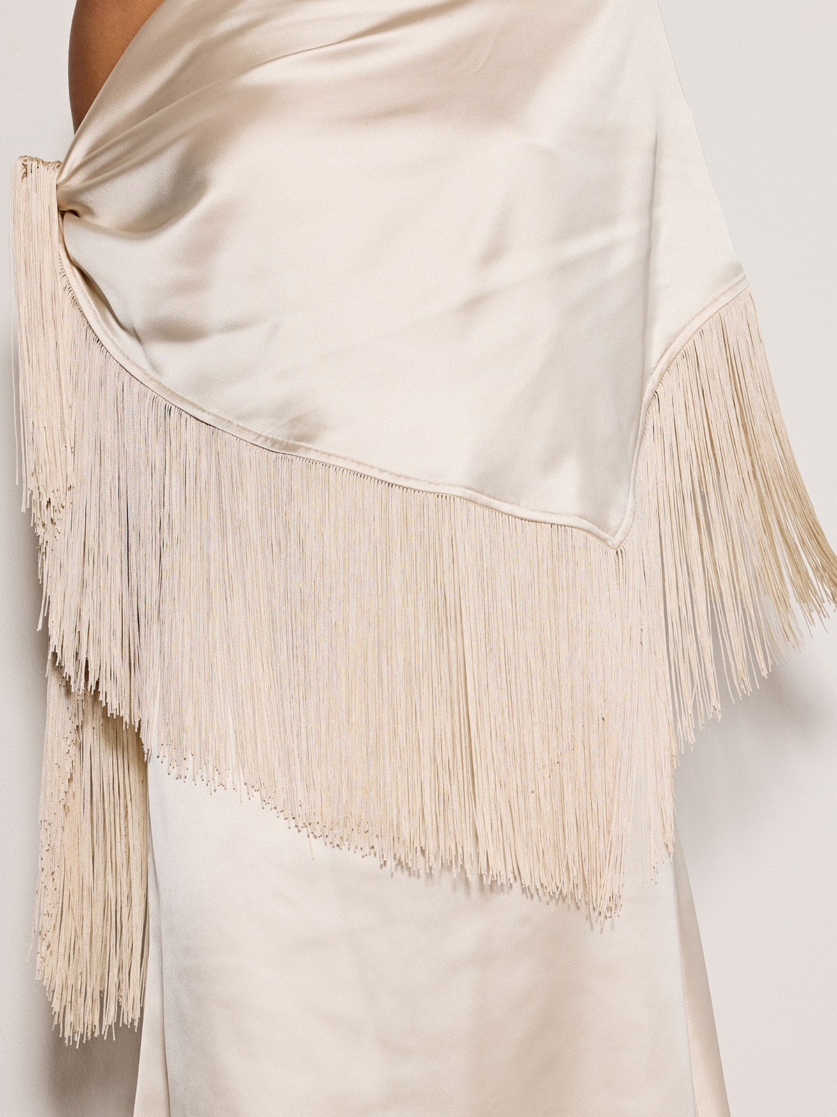 Karneth One Shoulder Fringe Satin Maxi Dress