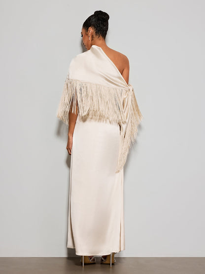 Karneth One Shoulder Fringe Satin Maxi Dress