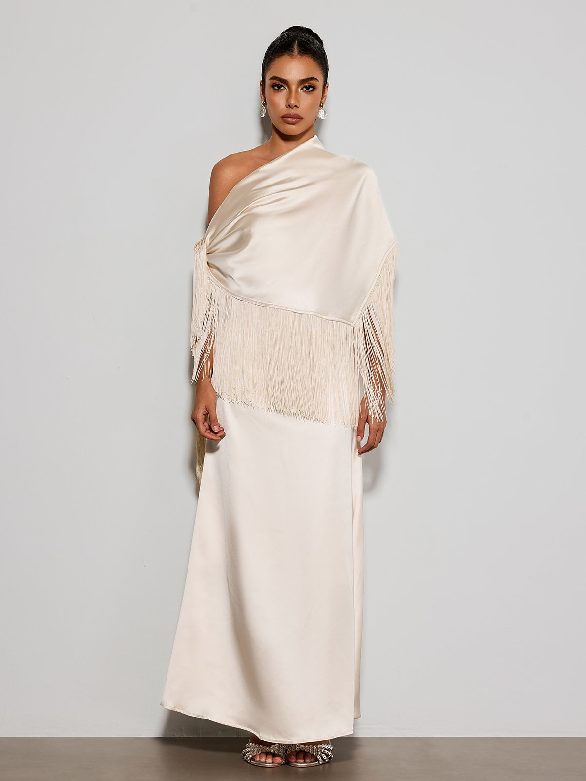 Karneth One Shoulder Fringe Satin Maxi Dress
