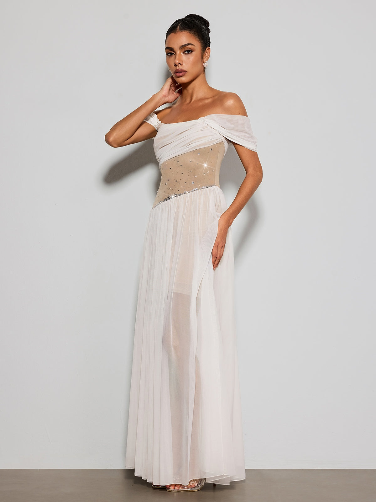 Kelvarith Off Shoulder Rhinestone Maxi Dress