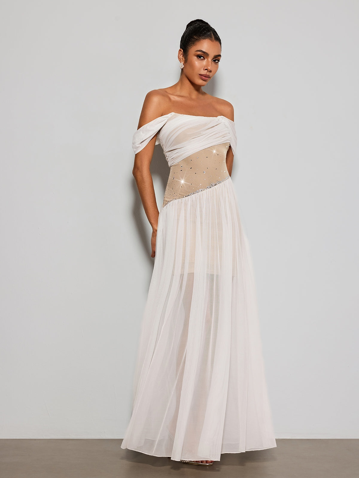 Kelvarith Off Shoulder Rhinestone Maxi Dress