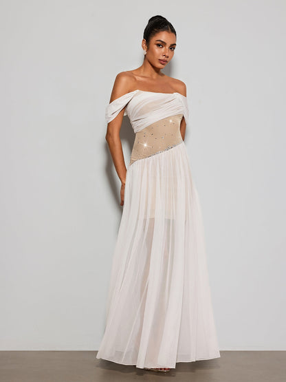 Kelvarith Off Shoulder Rhinestone Maxi Dress