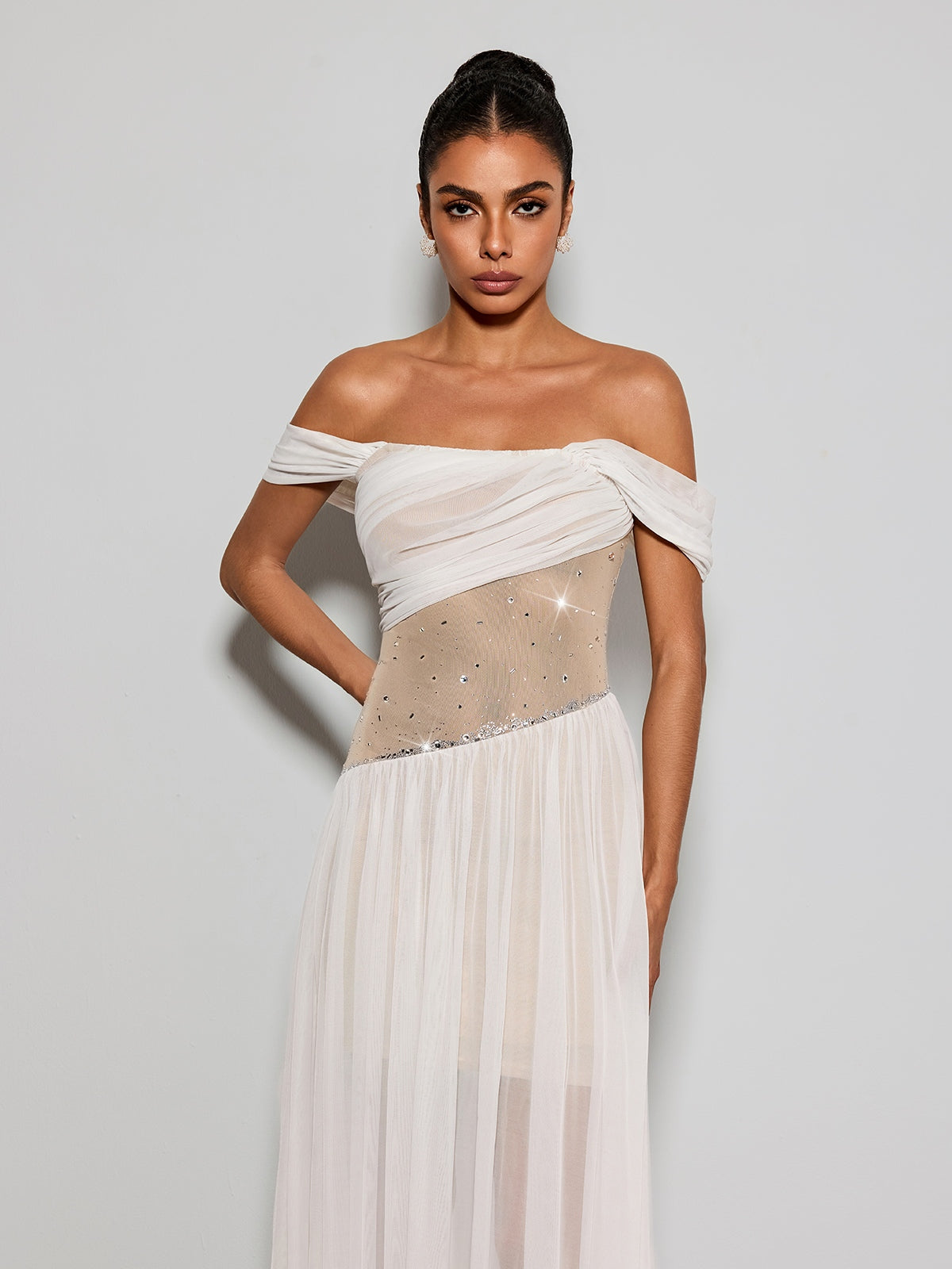 Kelvarith Off Shoulder Rhinestone Maxi Dress
