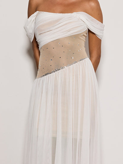 Kelvarith Off Shoulder Rhinestone Maxi Dress