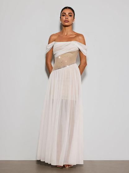 Kelvarith Off Shoulder Rhinestone Maxi Dress