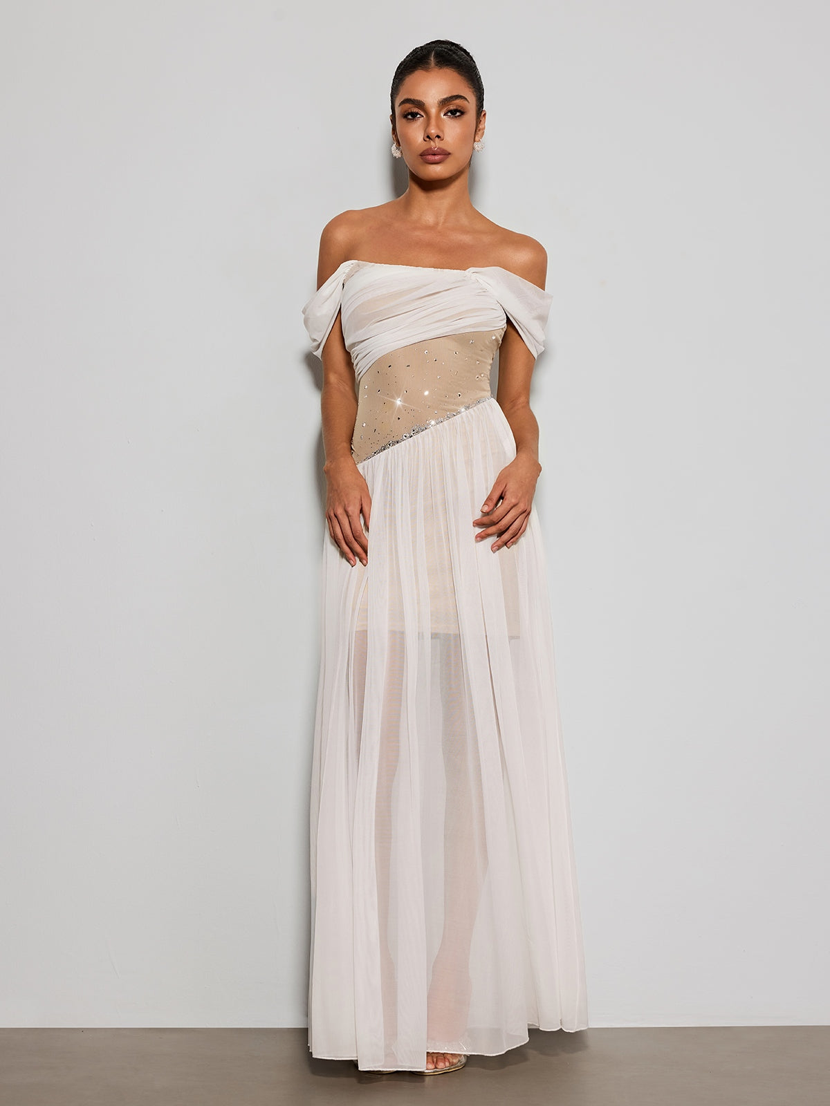 Kelvarith Off Shoulder Rhinestone Maxi Dress