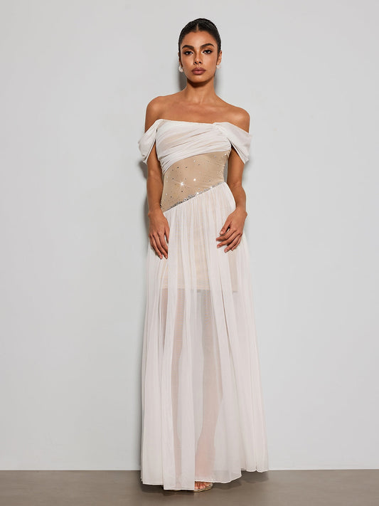 Kelvarith Off Shoulder Rhinestone Maxi Dress