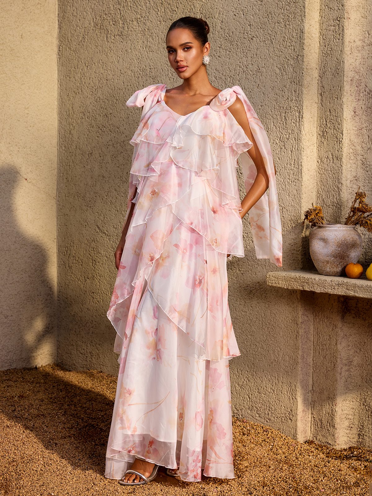 Kelvo V Neck Ruffle Floral Maxi Dress