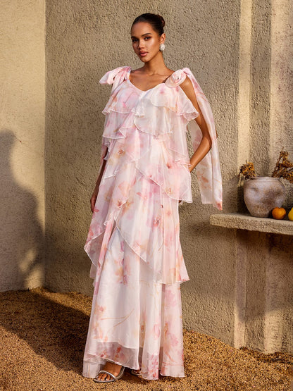 Kelvo V Neck Ruffle Floral Maxi Dress