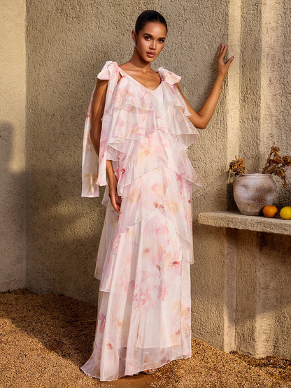 Kelvo V Neck Ruffle Floral Maxi Dress