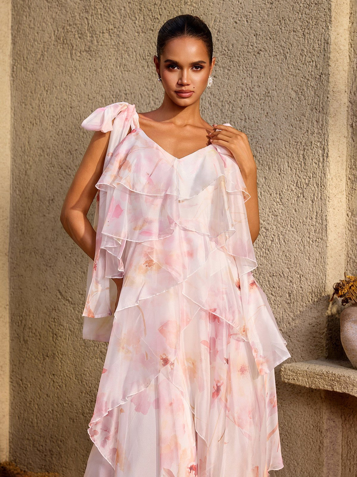 Kelvo V Neck Ruffle Floral Maxi Dress