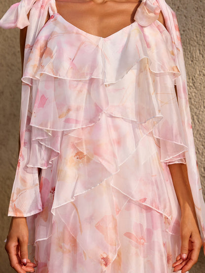 Kelvo V Neck Ruffle Floral Maxi Dress