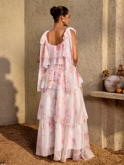 Kelvo V Neck Ruffle Floral Maxi Dress