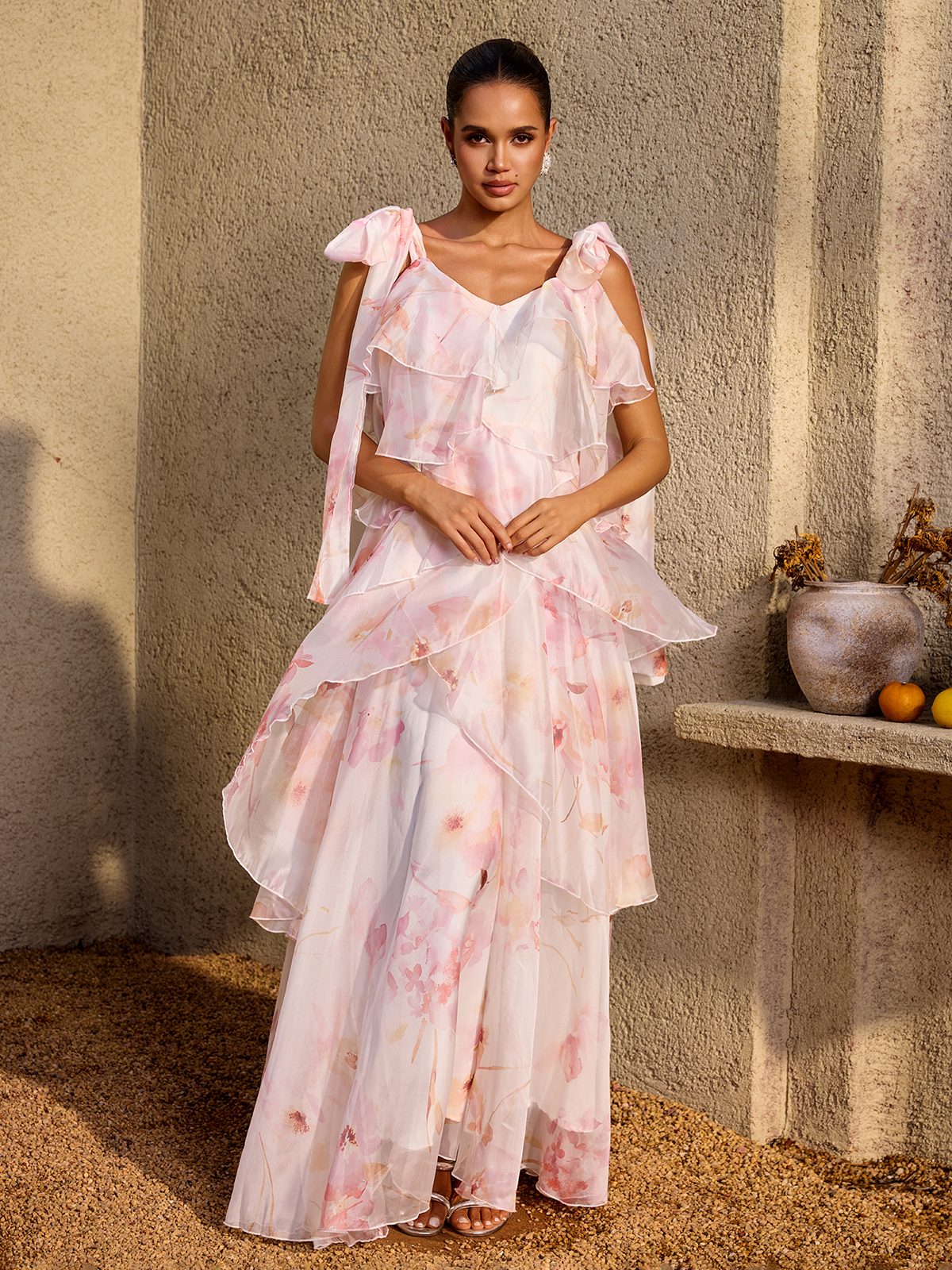 Kelvo V Neck Ruffle Floral Maxi Dress