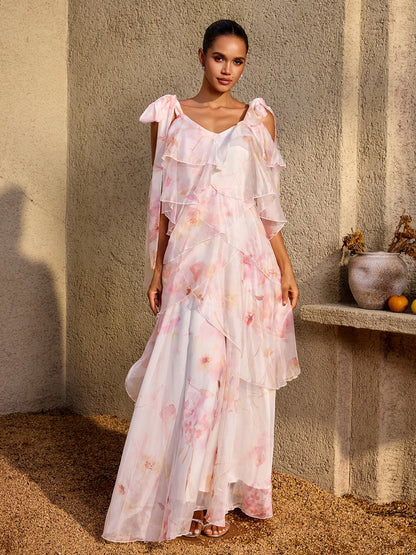 Kelvo V Neck Ruffle Floral Maxi Dress
