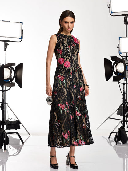 Kexvila Lace Floral Sequin Maxi Dress