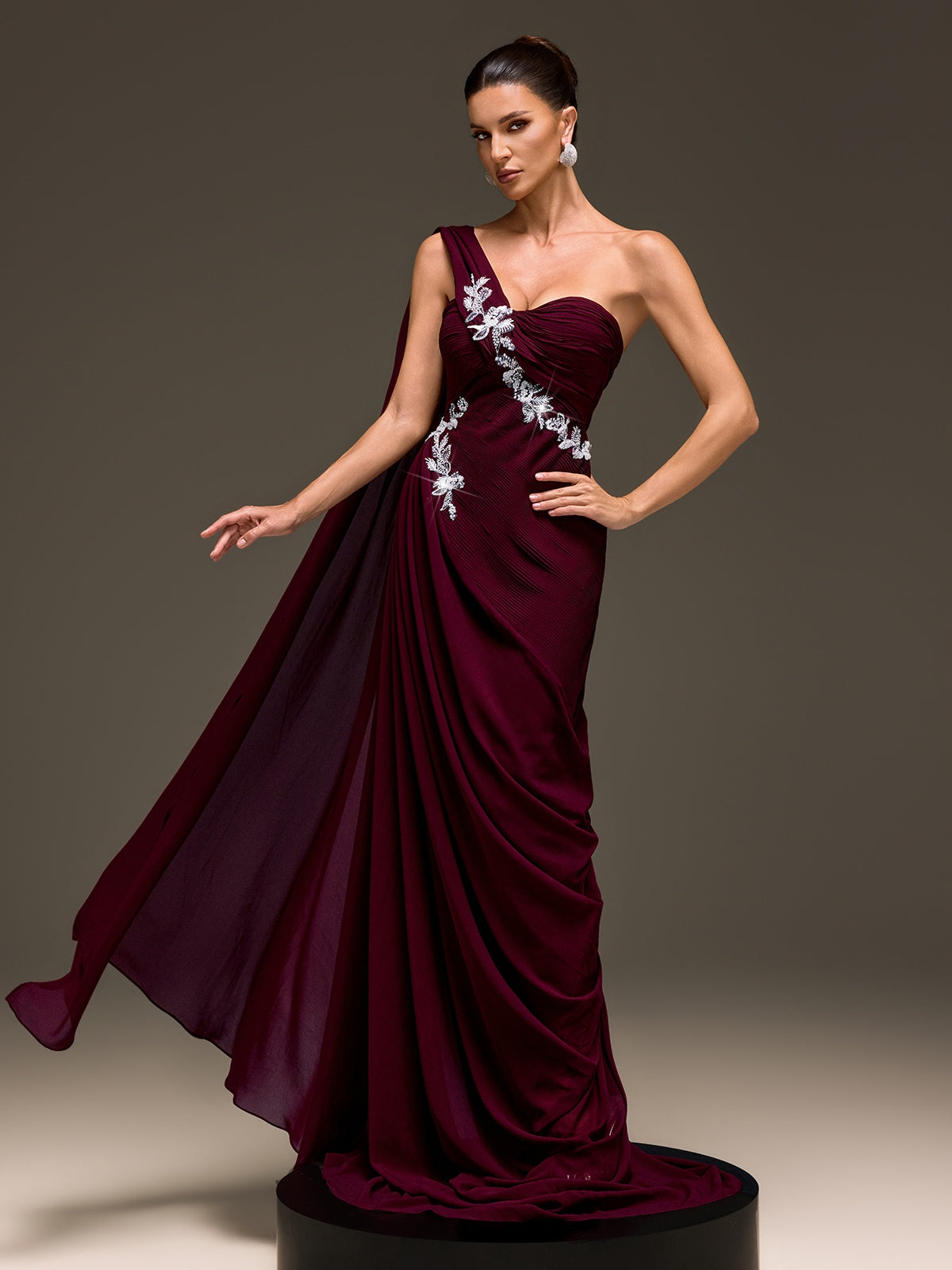 Kibblex Draped Rhinestone Ruched Maxi Dress