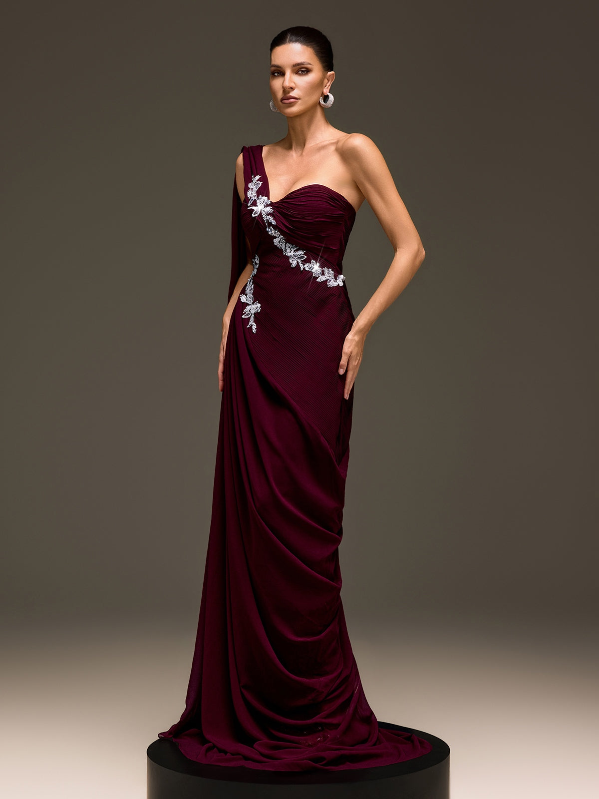 Kibblex Draped Rhinestone Ruched Maxi Dress