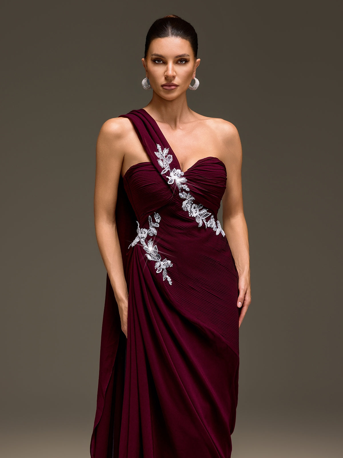 Kibblex Draped Rhinestone Ruched Maxi Dress