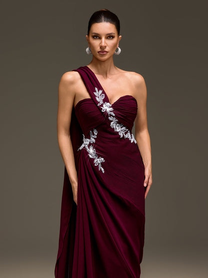 Kibblex Draped Rhinestone Ruched Maxi Dress