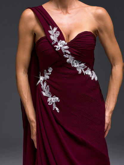 Kibblex Draped Rhinestone Ruched Maxi Dress