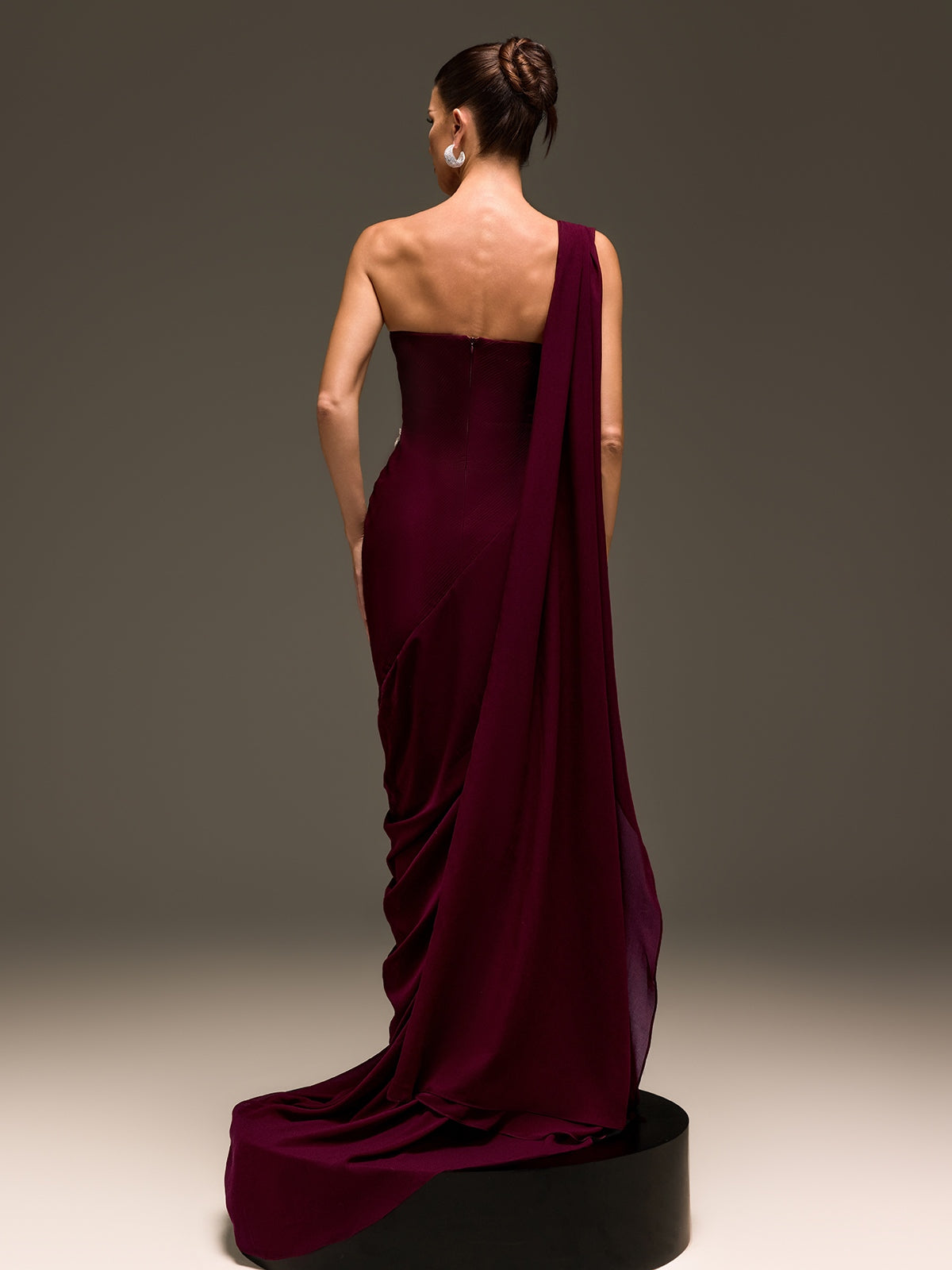 Kibblex Draped Rhinestone Ruched Maxi Dress
