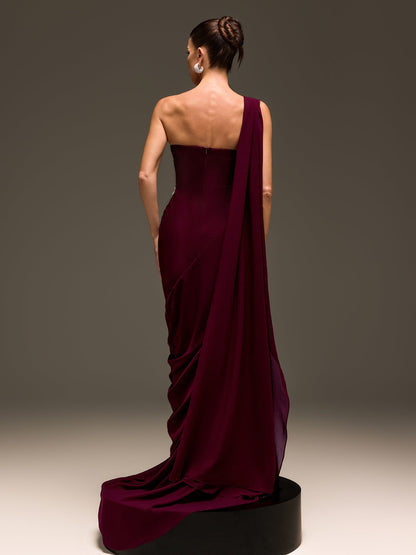 Kibblex Draped Rhinestone Ruched Maxi Dress