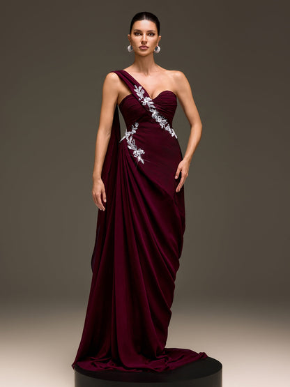 Kibblex Draped Rhinestone Ruched Maxi Dress