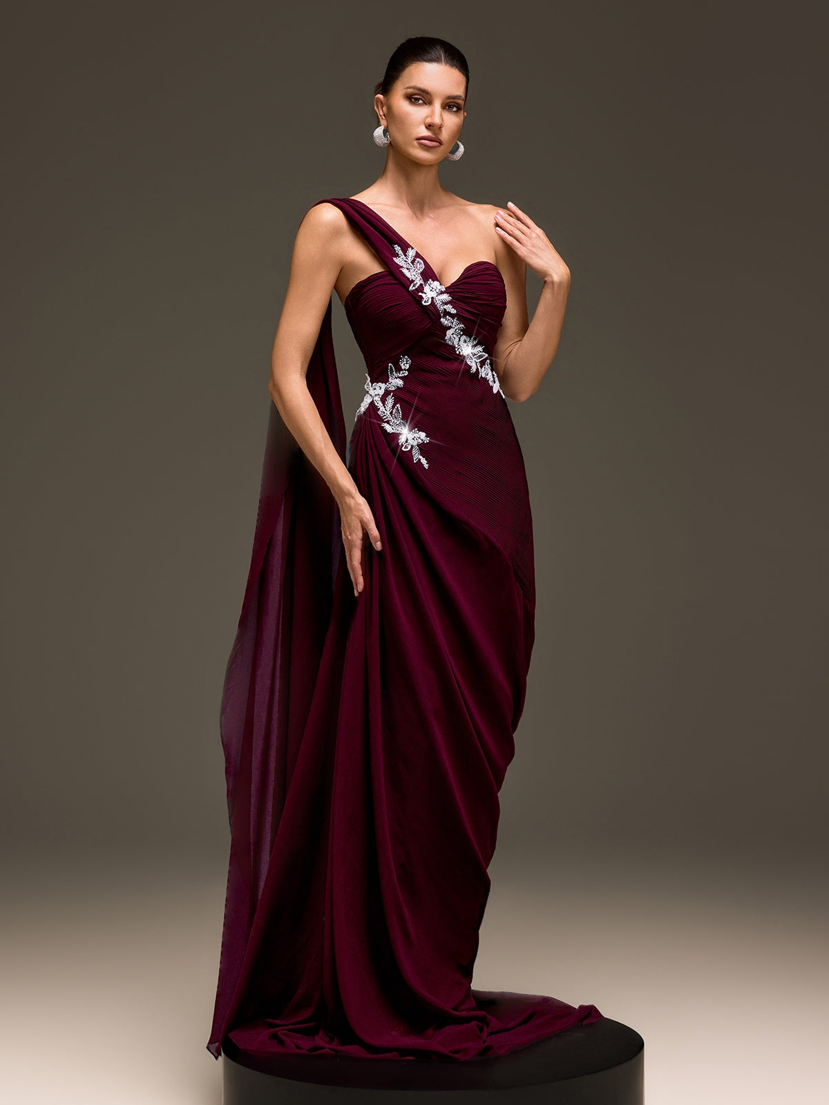 Kibblex Draped Rhinestone Ruched Maxi Dress