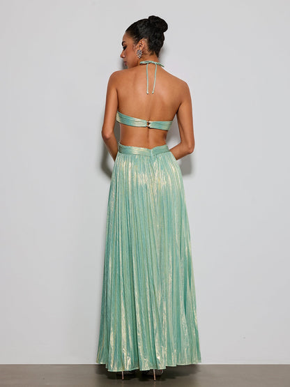 Koryxin Cutout Pleated Metallic Maxi Dress In Teal
