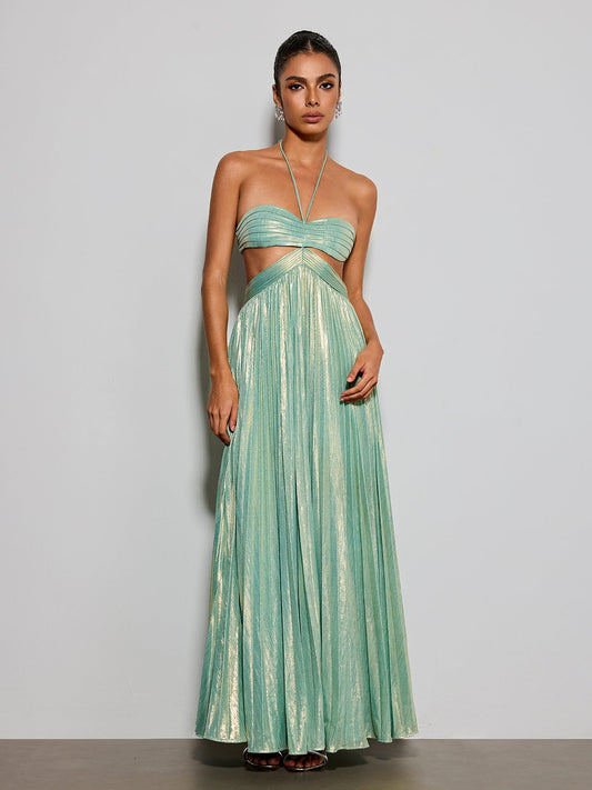 Koryxin Cutout Pleated Metallic Maxi Dress In Teal