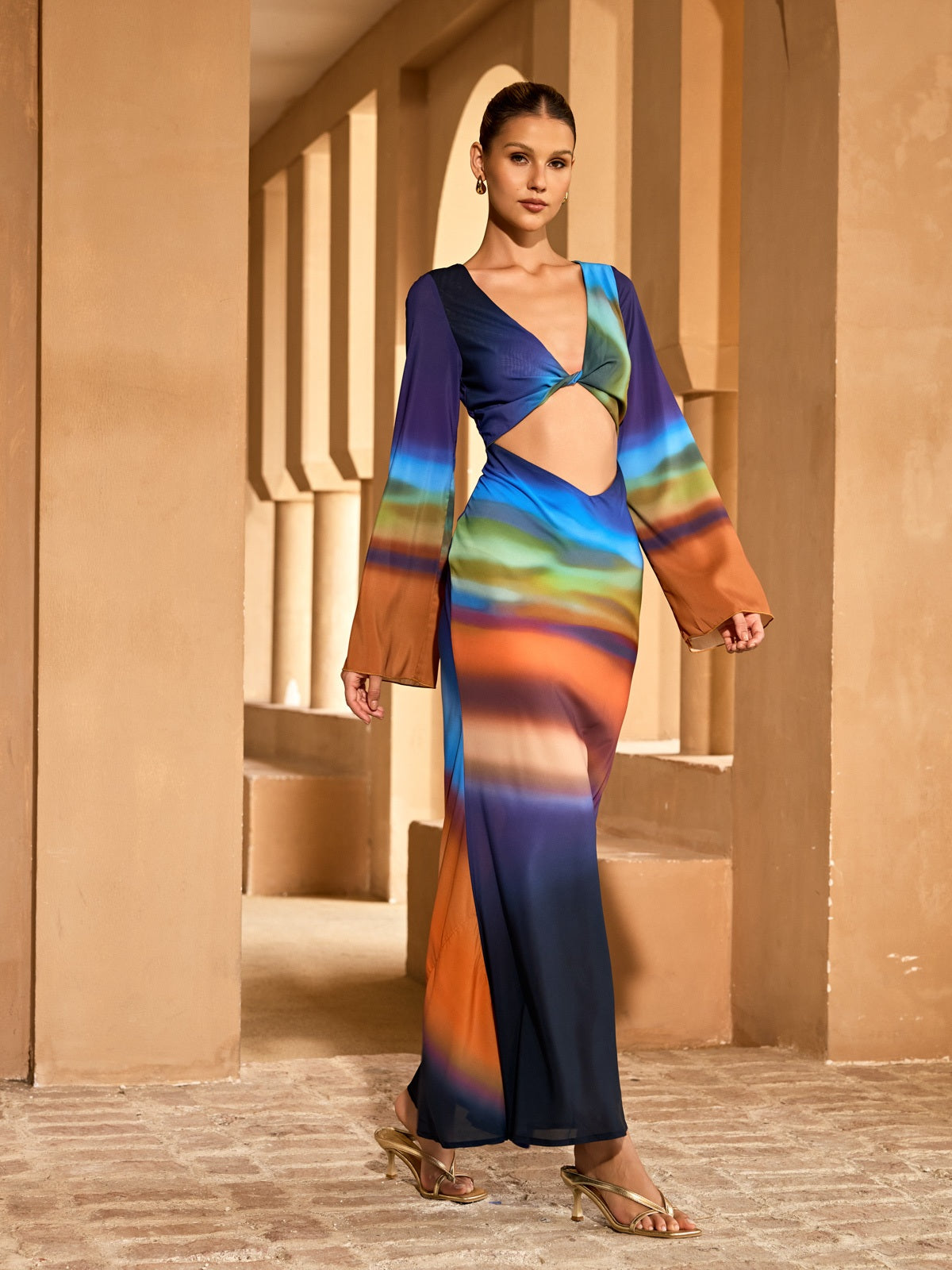 Kovra Backless Cutout Smudge Maxi Dress