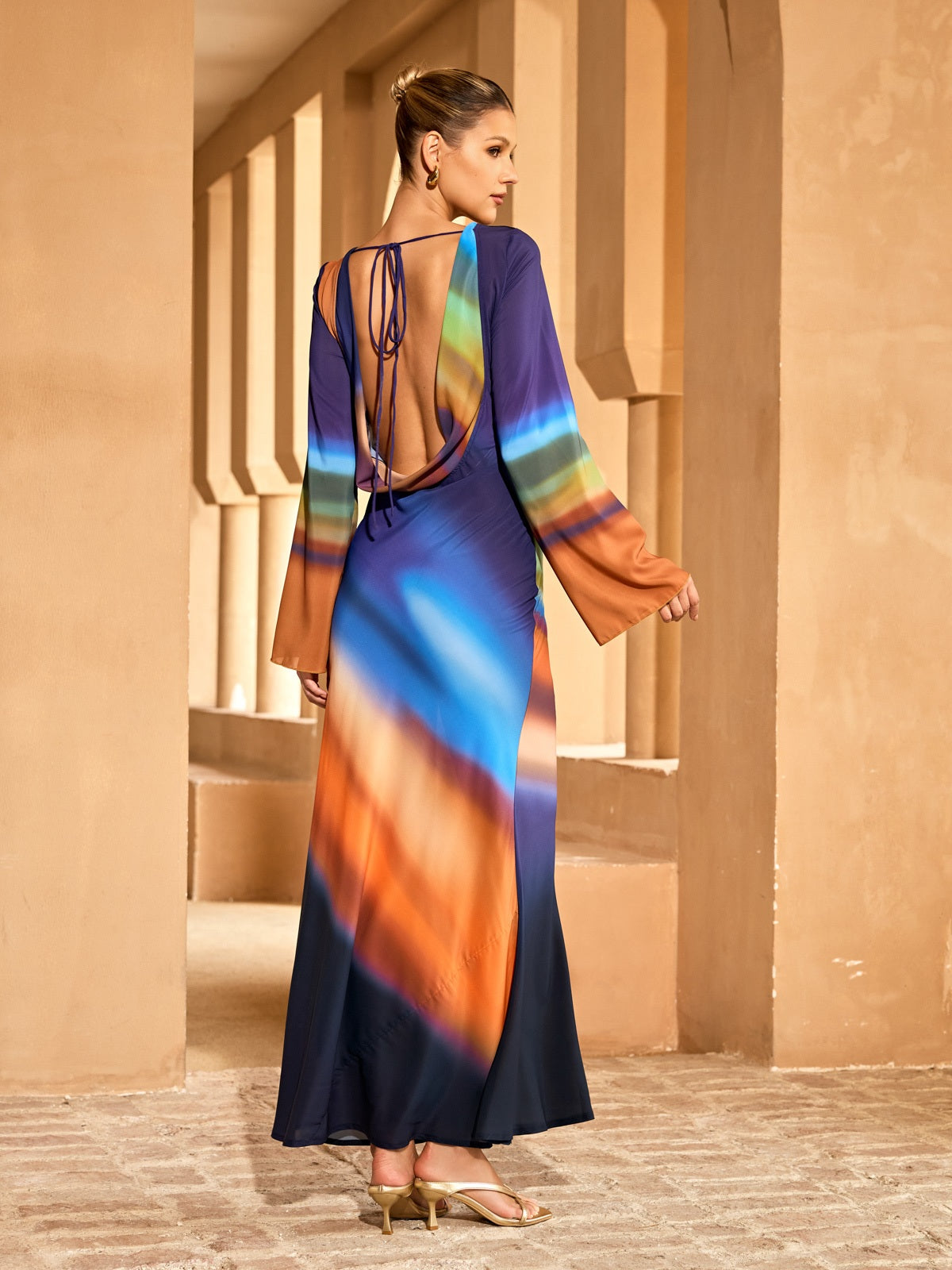 Kovra Backless Cutout Smudge Maxi Dress