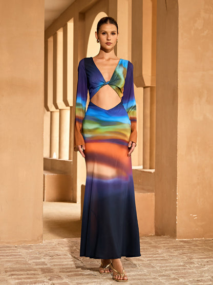 Kovra Backless Cutout Smudge Maxi Dress