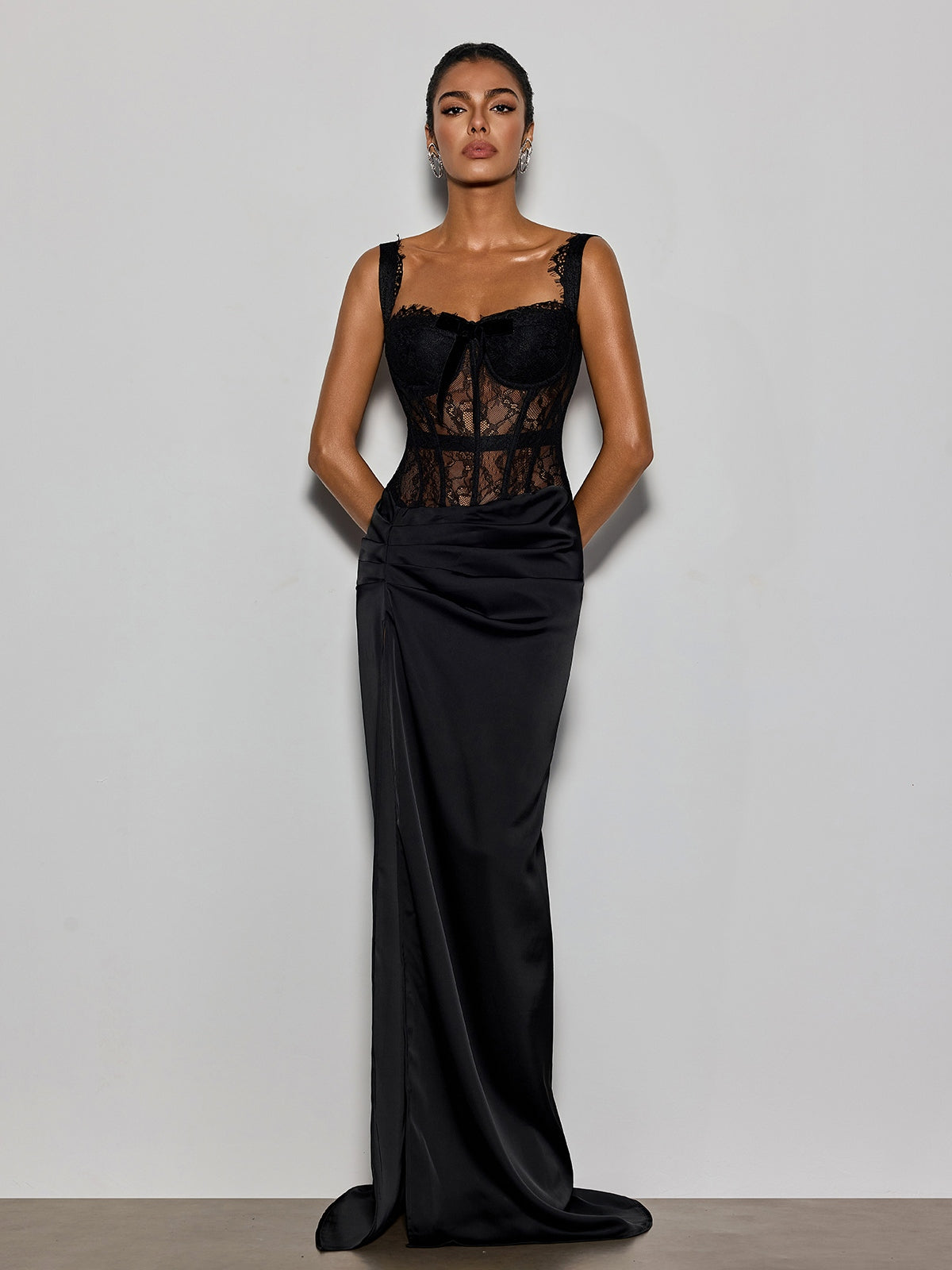 Lambdax Lace Split Bow Maxi Dress