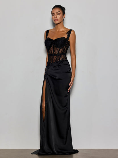 Lambdax Lace Split Bow Maxi Dress
