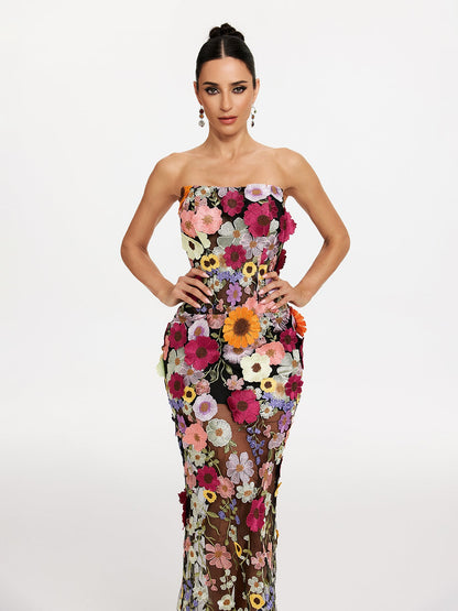 Latasha Strapless Flower Embroidered Maxi Dress