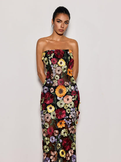 Latasha Strapless Flower Embroidered Maxi Dress