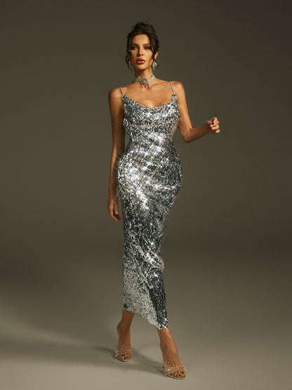 Rosstef Silver Sequin Midi Giyin